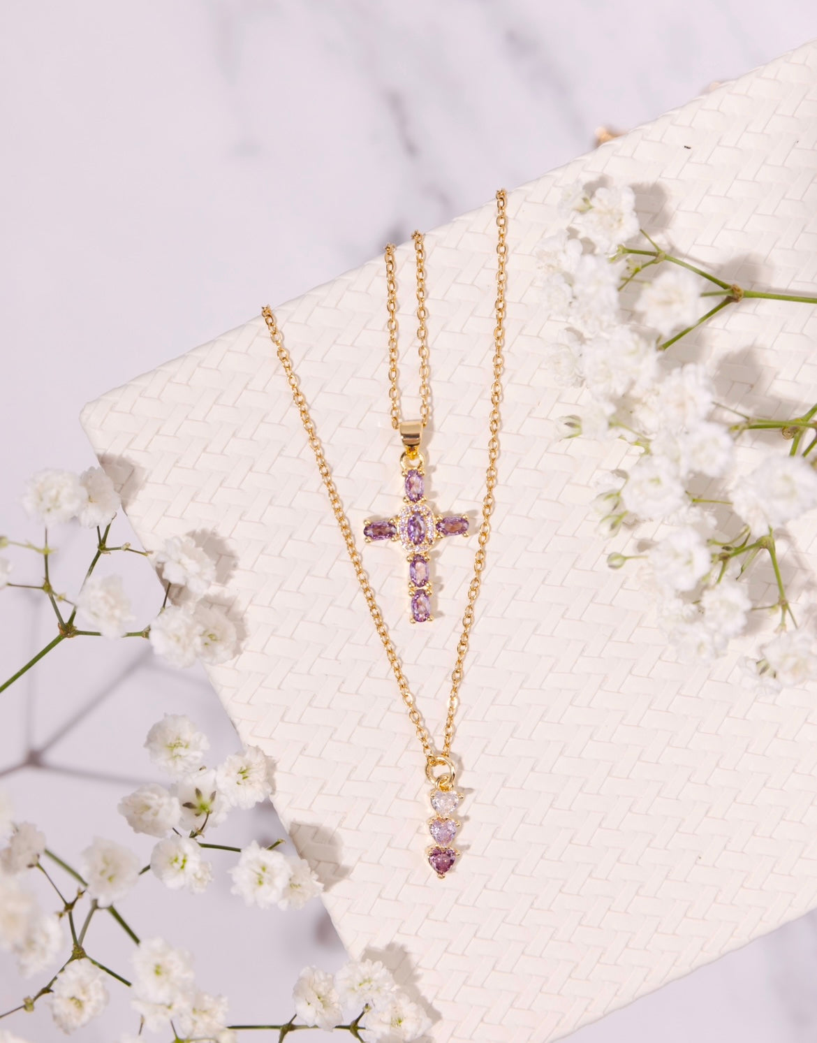 24K Gold Filled Amethyst Cross & Heart Necklace