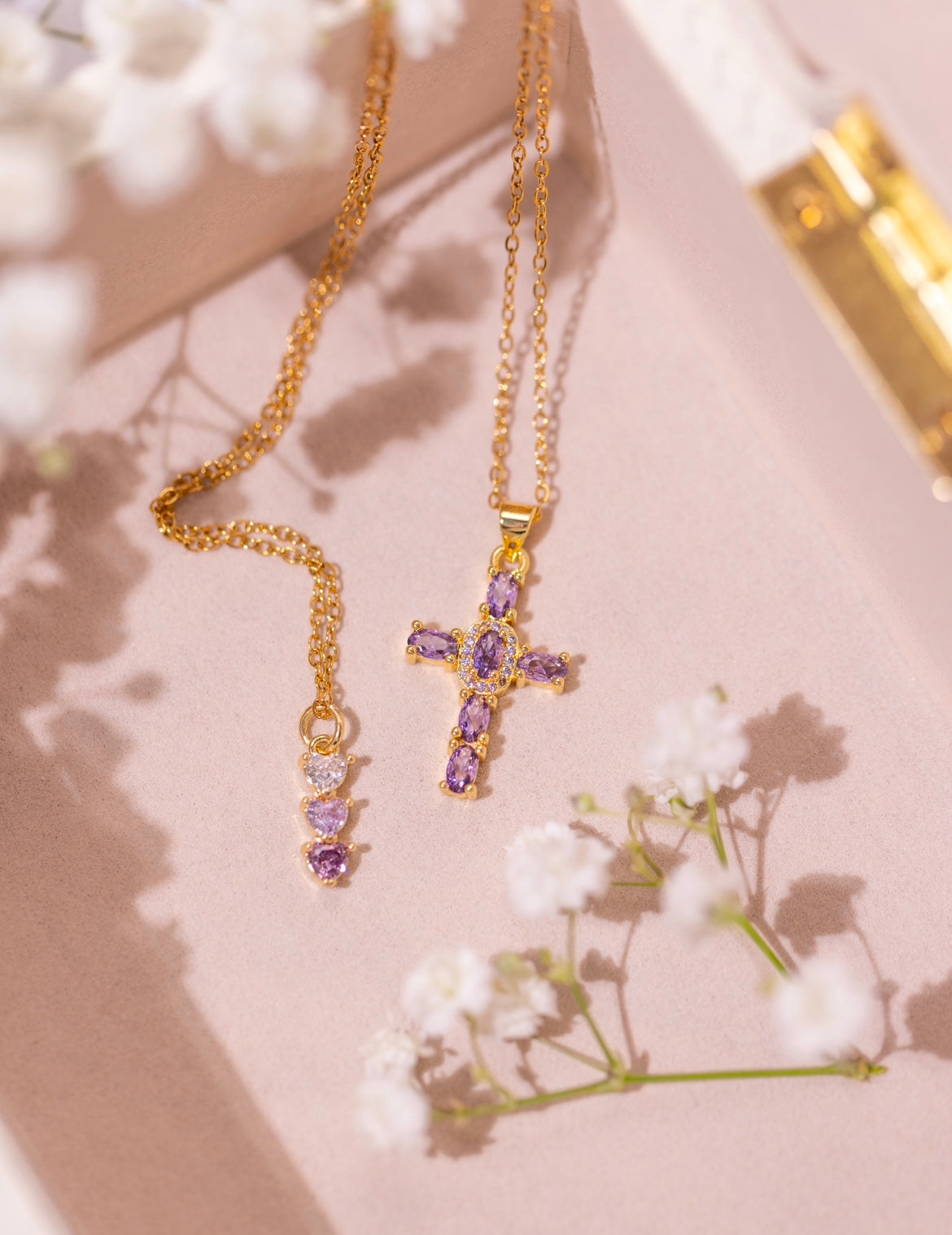 24K Gold Filled Amethyst Cross & Heart Necklace