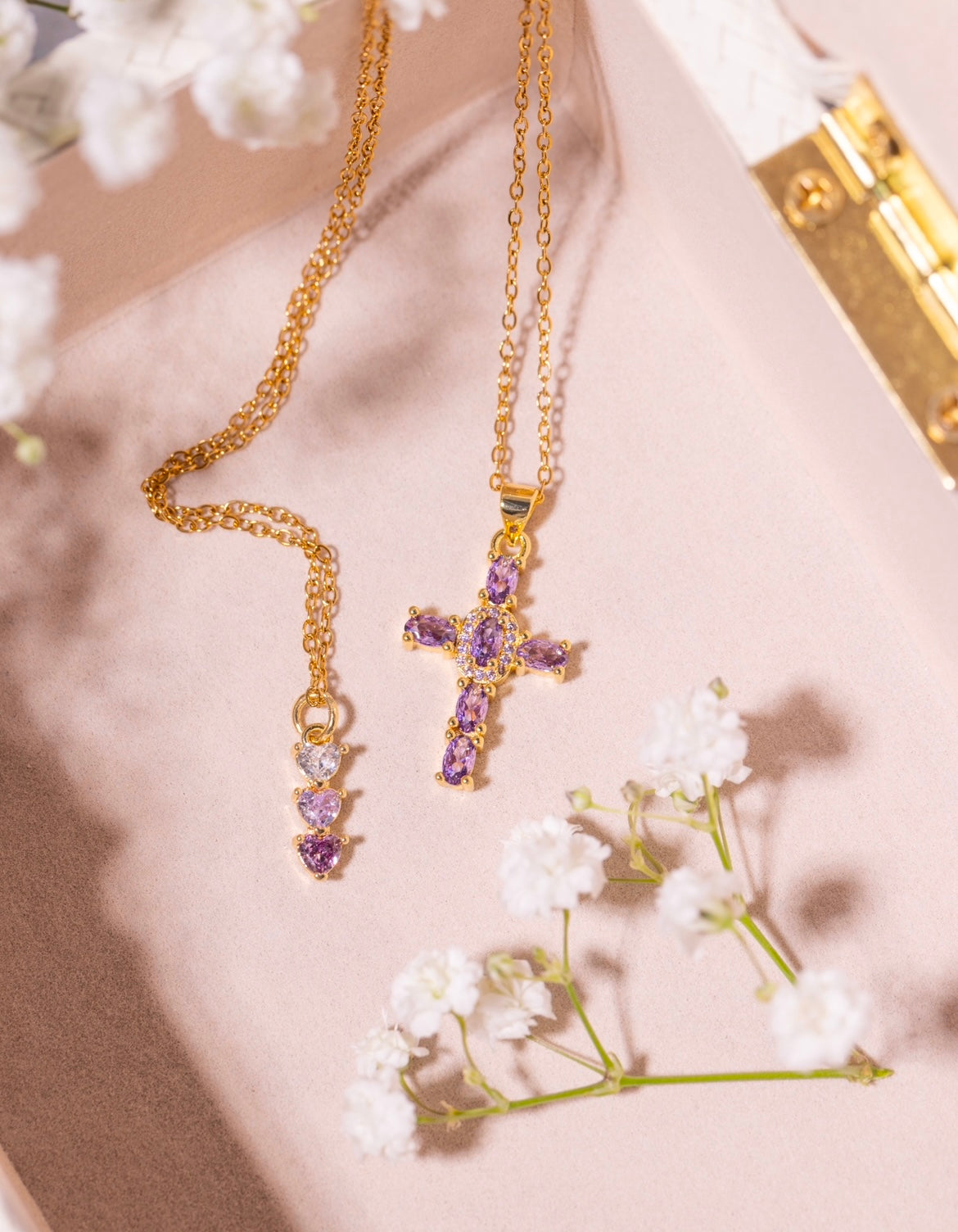 24K Gold Filled Amethyst Cross & Heart Necklace