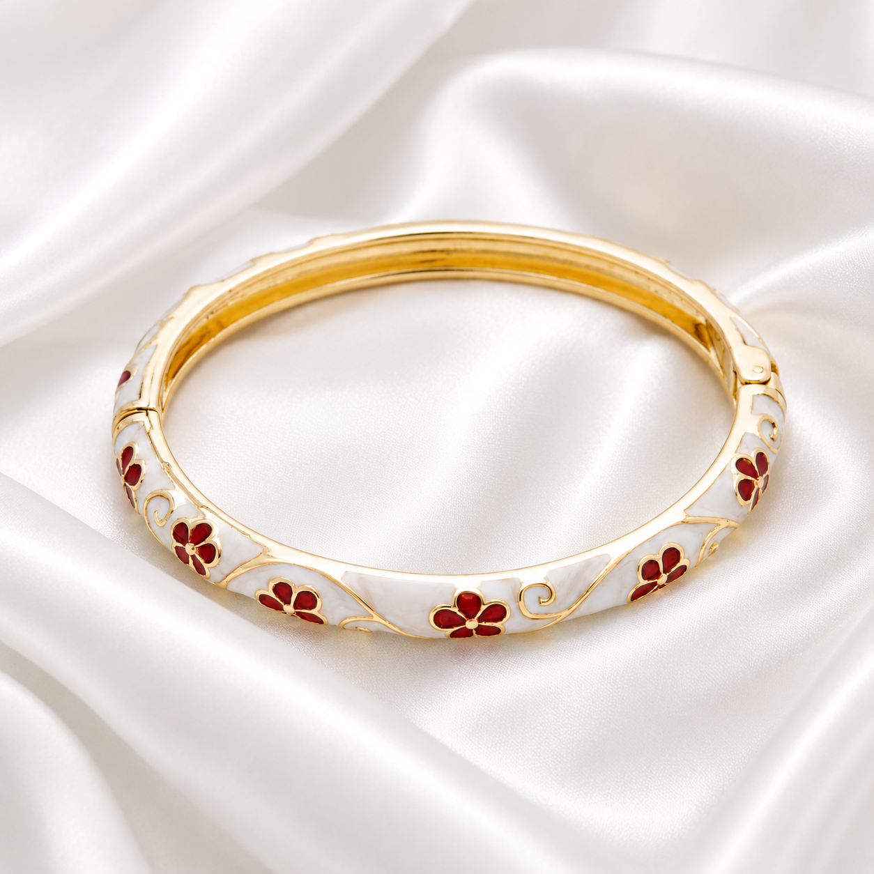 24K Gold Filled Artisan Floral Bangle Bracelet + Clear Mini Hearts Set (2 PCS)