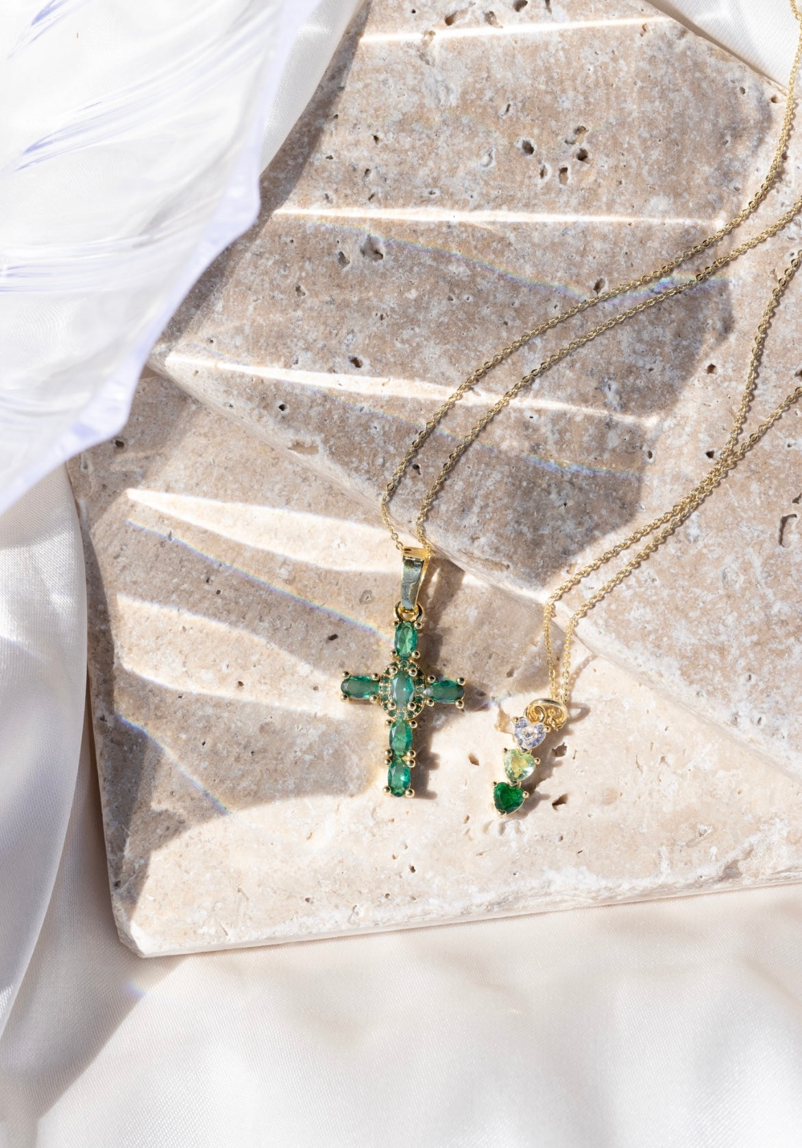 Emerald Cross & Heart Necklace Set