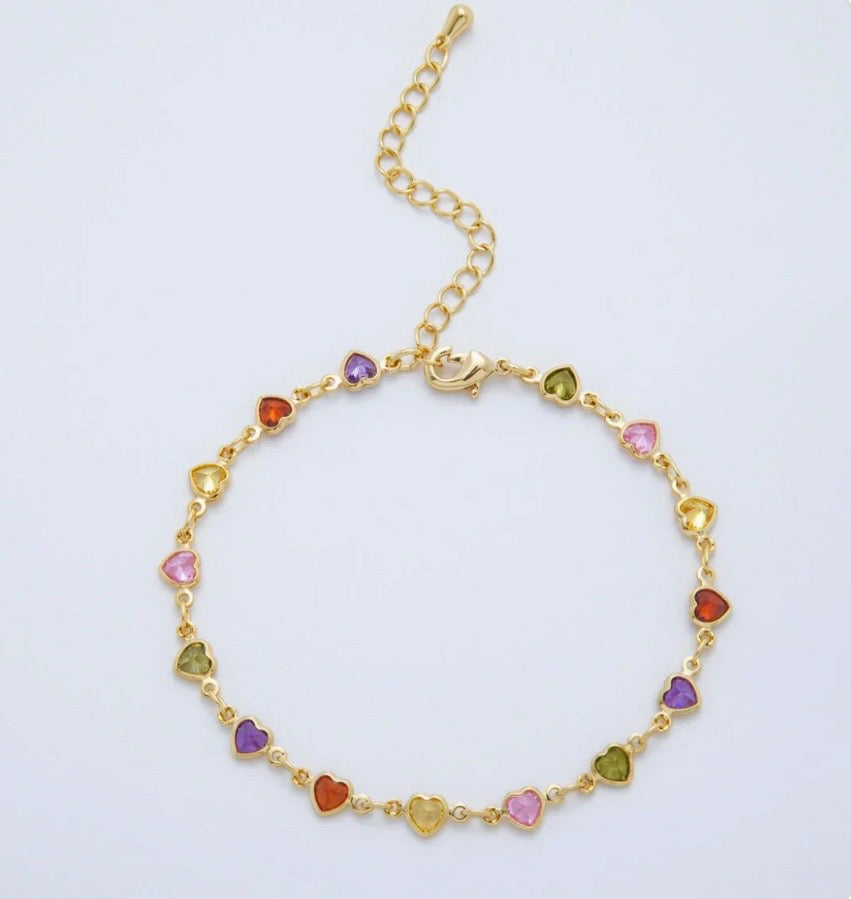 14K Gold Filled Artisan Floral Bangle Bracelet + Mini Hearts Bracelet (2PCS)