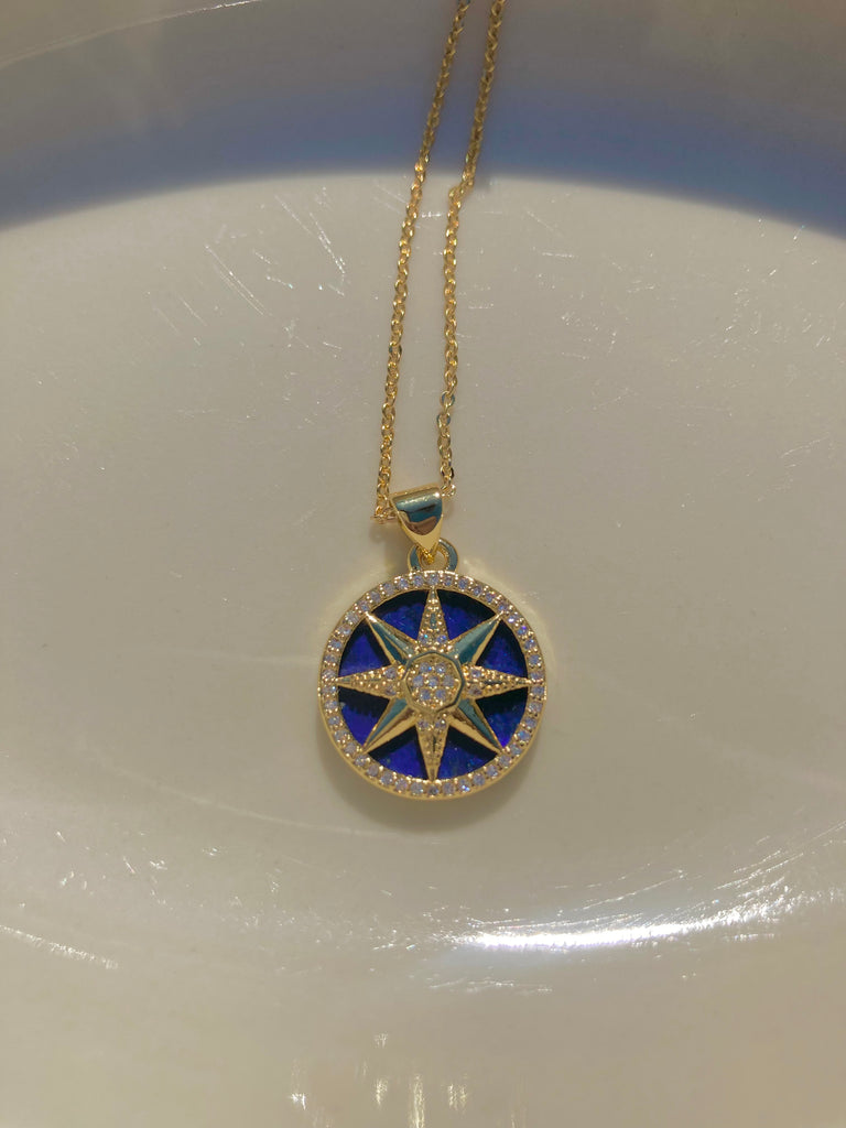 24K Blue Lapiz Compass Medallion Necklace